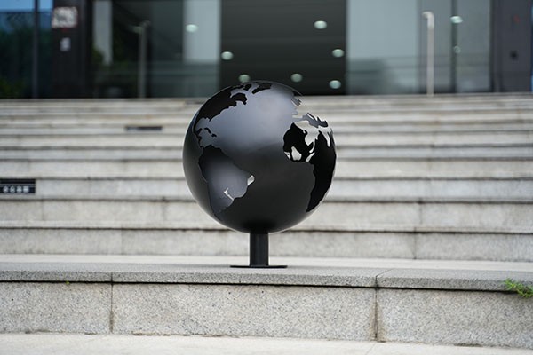 Black Stainless Steel Globe Sculpture – Custom Cutout World Map for Outdoor or Corporate Use  Black Stainless Steel Globe Sculpture – Custom Cutout World Map for Outdoor or Corporate Use